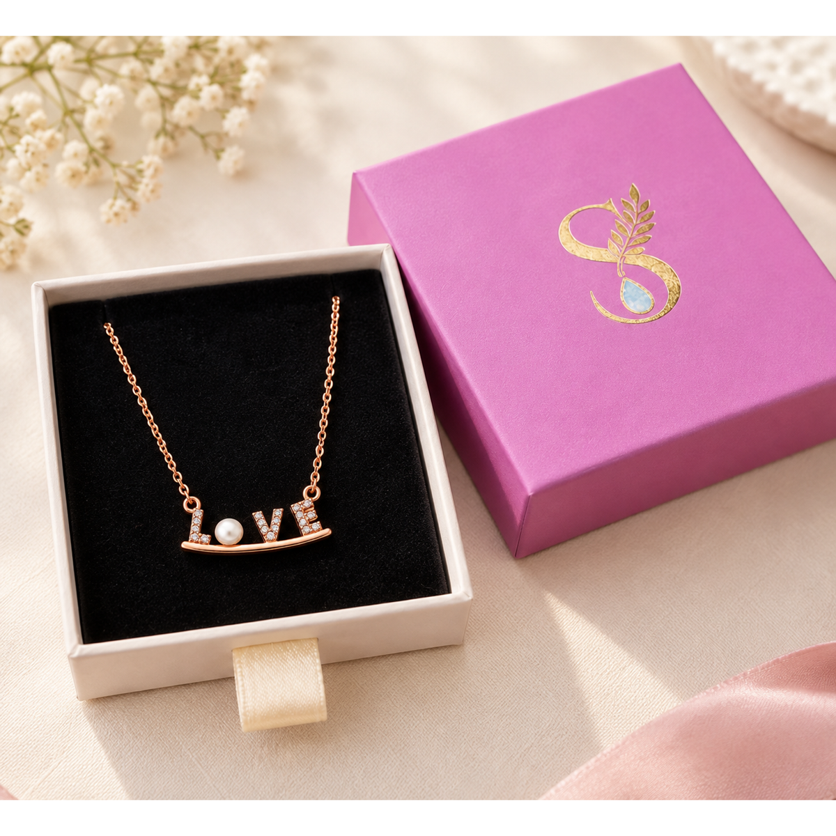 Open magenta Silvanya drawer box showcasing the rose gold LOVE necklace on black velvet.