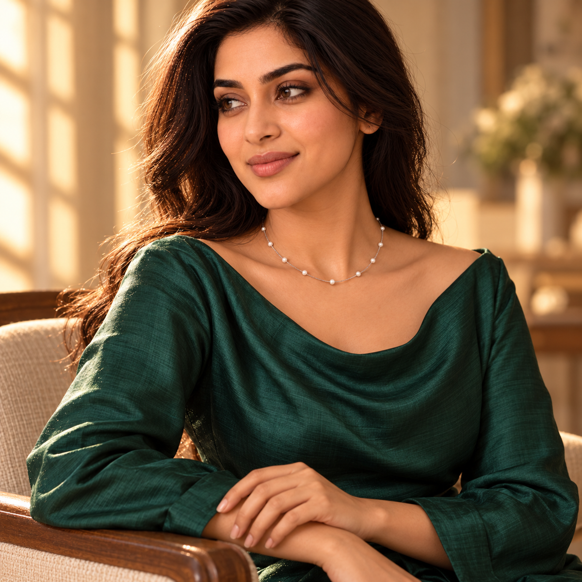 Noya looking forward in a dark blazer wearing the silver pearl station necklace.