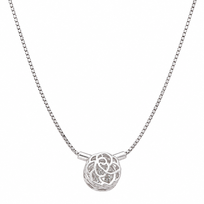 High-polish silver 3D rose cage pendant necklace with a central stone, centered on a white background.