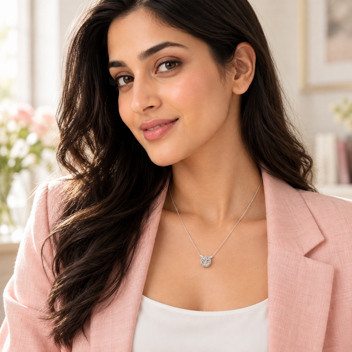 Profile shot of Noya wearing the silver rose cage necklace with a blush pink blazer, looking at the camera.