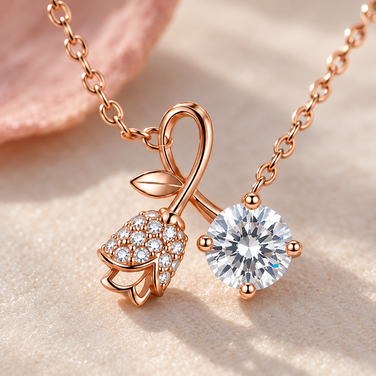 Detailed macro view showing micro-paved rosebud motif and clear solitaire stone on rose gold setting.