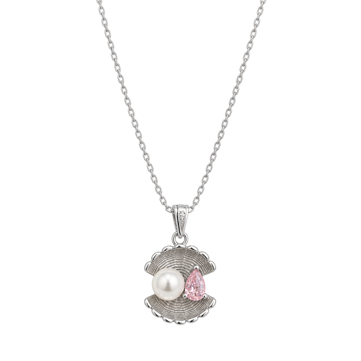 Sterling silver shell pendant necklace with a white pearl and pink cubic zirconia on a white background.