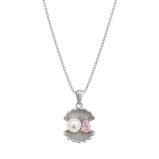 Sterling silver shell pendant necklace with a white pearl and pink cubic zirconia on a white background.
