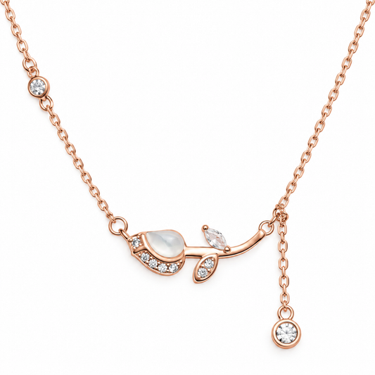 Rose gold silver tulip necklace displayed flat against a clean white background.