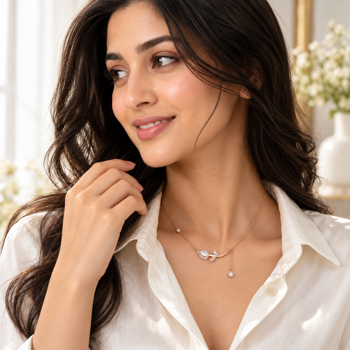 Model wearing rose gold tulip necklace over an ivory silk shirt.