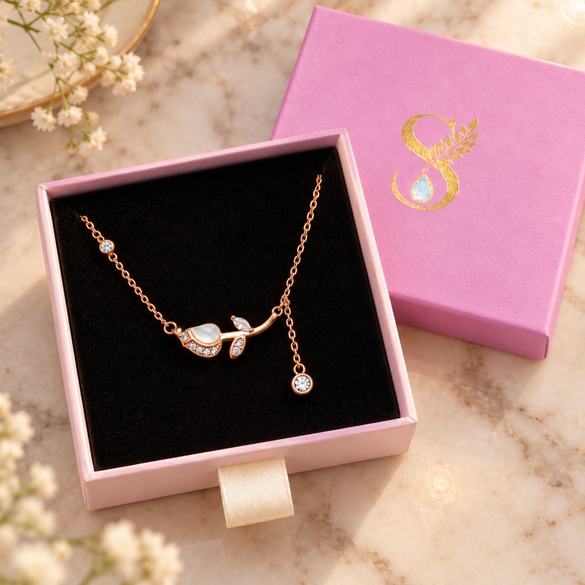 Rose gold tulip necklace displayed inside pale pink Silvanya jewellery box.