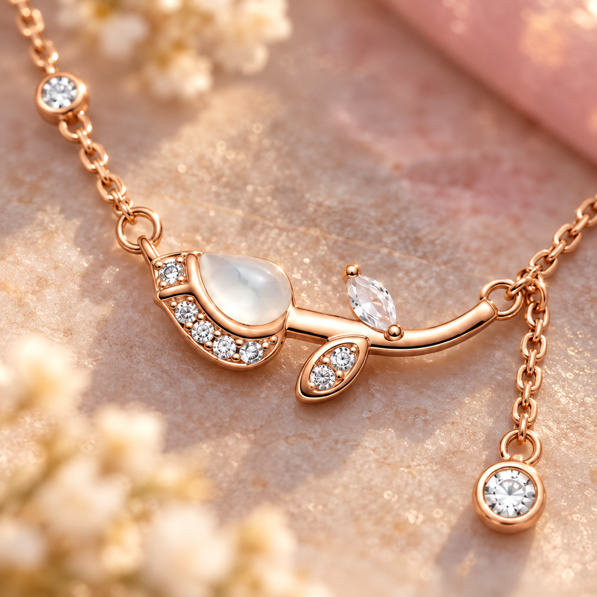 Macro close-up shot of rose gold tulip pendant details and sparkling stones.