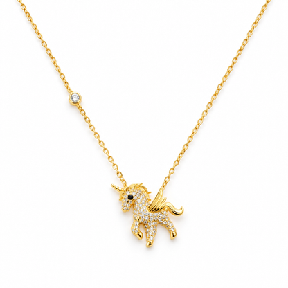 Gold winged unicorn pendant necklace on a pure white background.