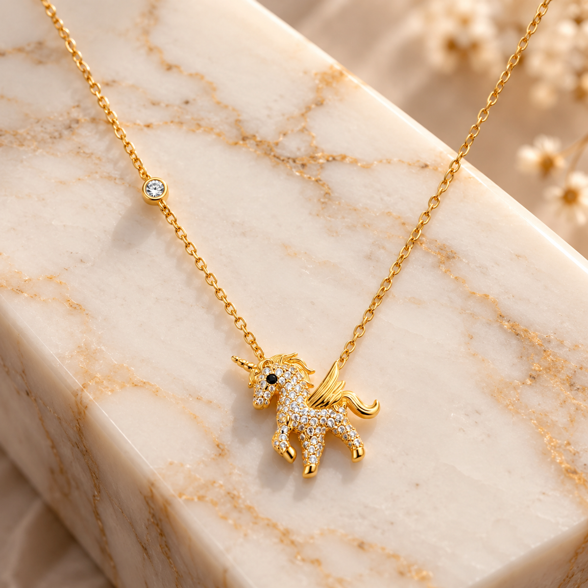 Gold pendant necklace with sparkling stones on an ivory marble block.