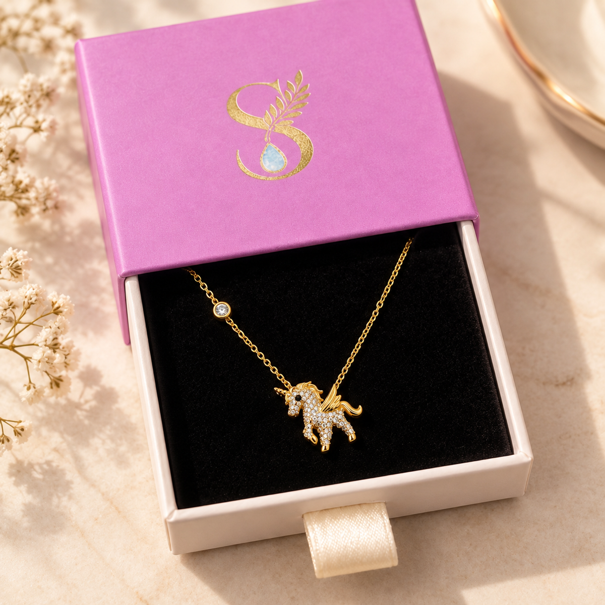 Gold unicorn necklace displayed inside open magenta Silvanya jewellery box.