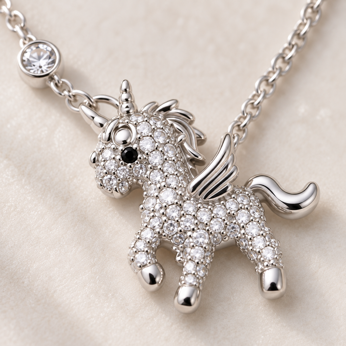 Extreme macro detail of the silver pave unicorn pendant and handset stones.