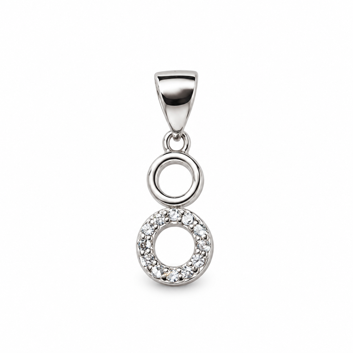 Silver double open circle pendant on a pure white backdrop.