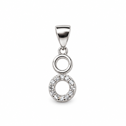 Silver double open circle pendant on a pure white backdrop.