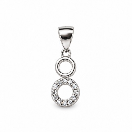 Silver double open circle pendant on a pure white backdrop.
