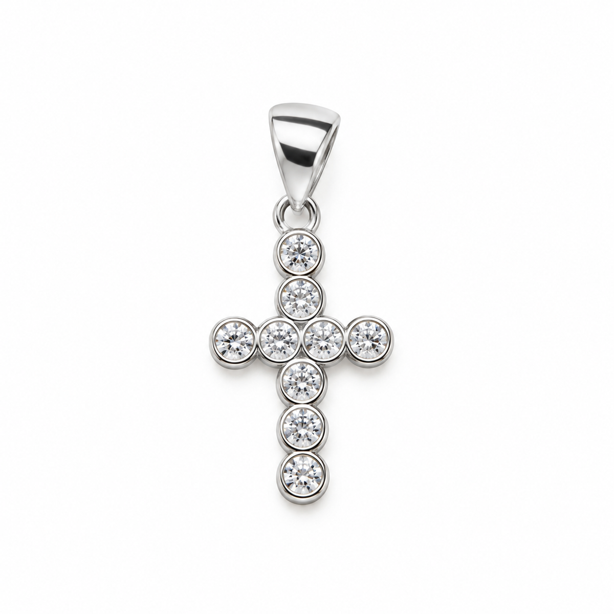 Polished 925 sterling silver Latin cross pendant set with clear round bezel stones on white background.