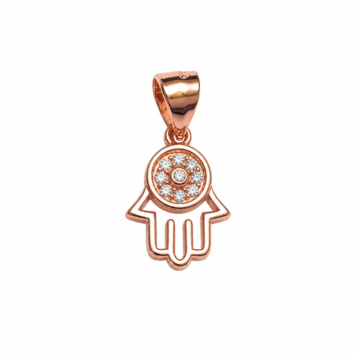 Rose gold Hamsa pendant with clear pavé stones on a pure white background.