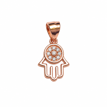 Rose gold Hamsa pendant with clear pavé stones on a pure white background.