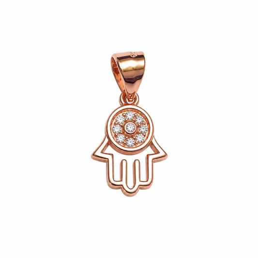 Rose gold Hamsa pendant with clear pavé stones on a pure white background.