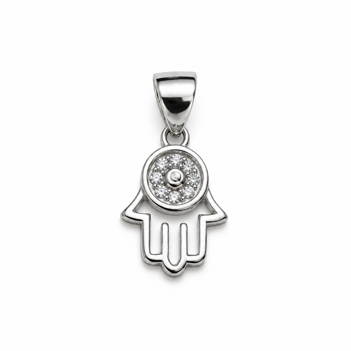 Silver openwork Hamsa pendant with a clear cubic zirconia halo in the centre on a plain white background.