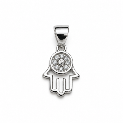 Silver openwork Hamsa pendant with a clear cubic zirconia halo in the centre on a plain white background.