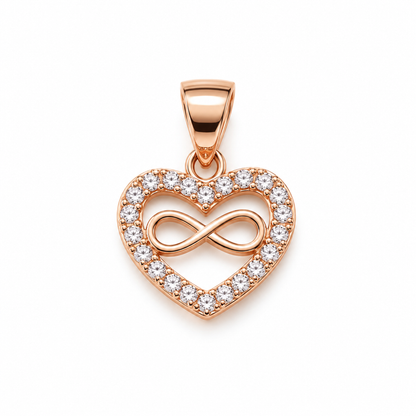 Rose gold heart pendant with an infinity symbol inside, centered on a pure white background.