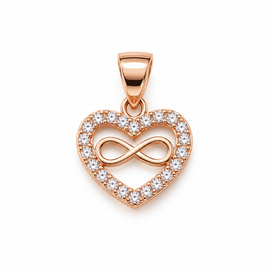 Rose gold heart pendant with an infinity symbol inside, centered on a pure white background.