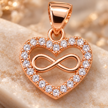 Close-up macro photograph of clear cubic zirconia stones set in a heart-shaped rose gold pendant.
