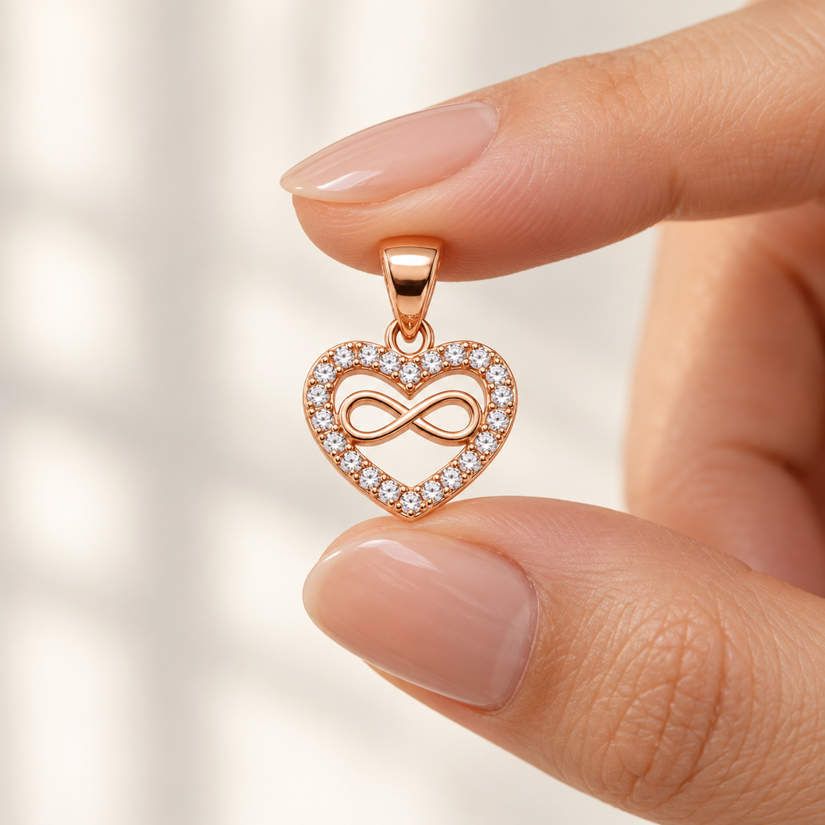 A woman holding a tiny 8mm rose gold heart pendant between her fingers to show size.