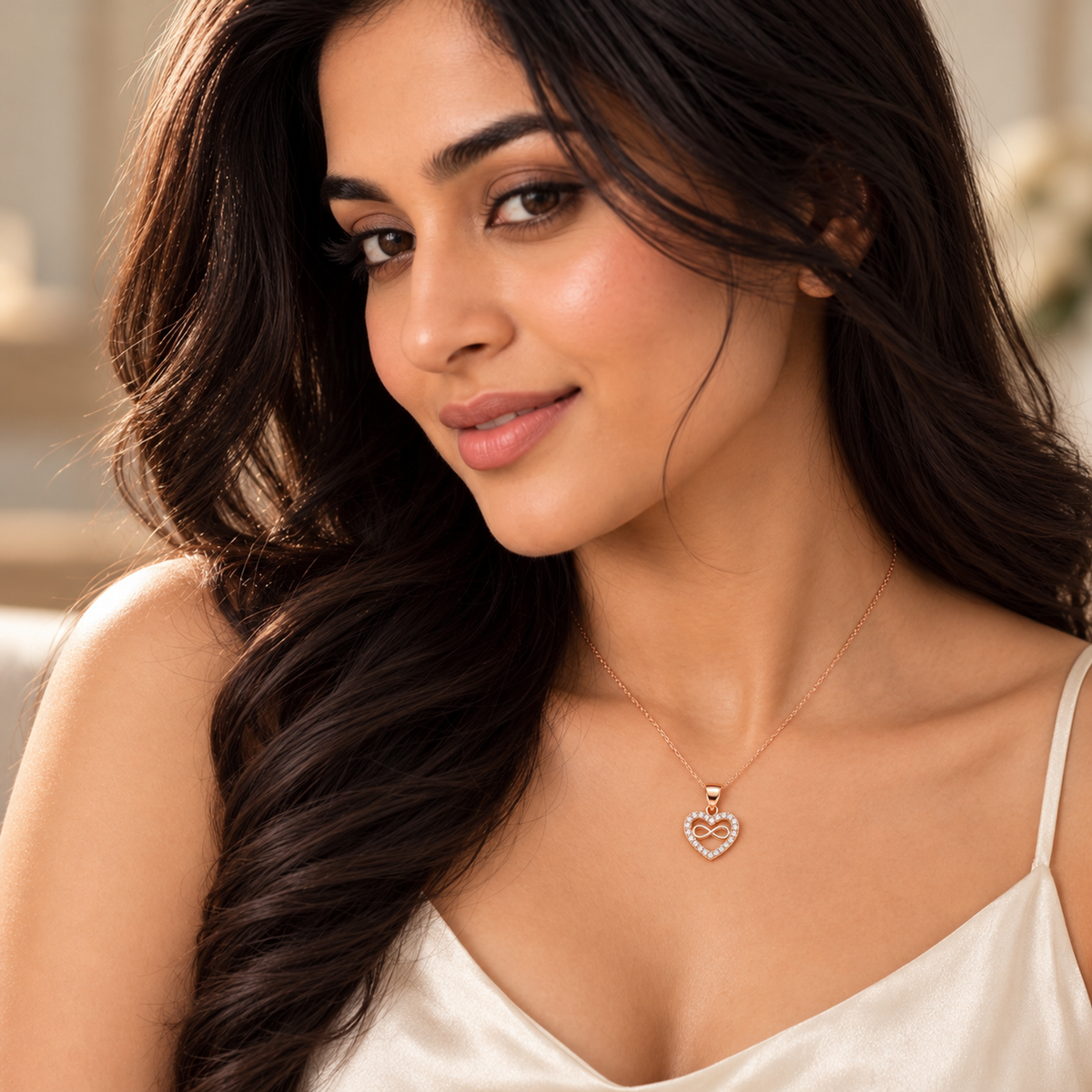 Noya wearing a delicate rose gold heart pendant resting on her collarbone in an ivory top.