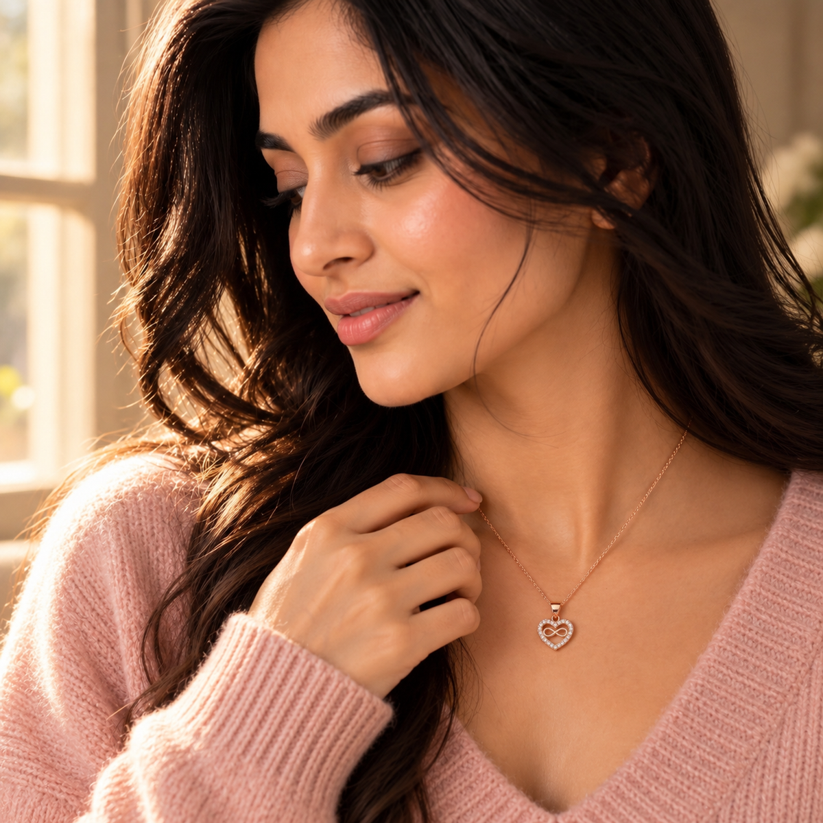 Side profile of Noya wearing a rose gold heart necklace touching the pendant near a window.