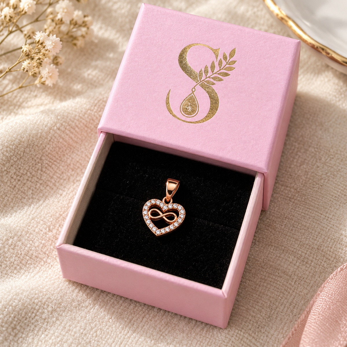 Rose gold heart pendant nestled inside a small pale pink Silvanya gift box with black velvet interior.