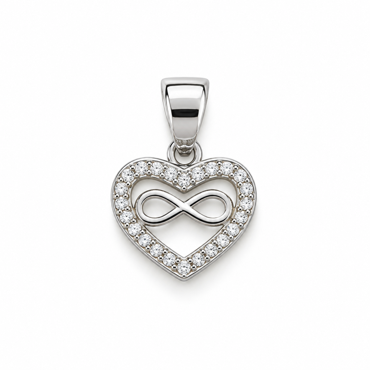 Silver heart pendant with an inner infinity symbol on a plain white background.