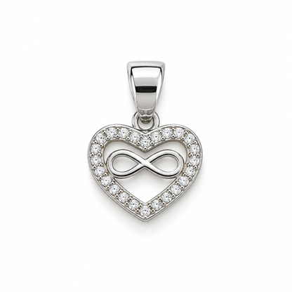 Silver heart pendant with an inner infinity symbol on a plain white background.