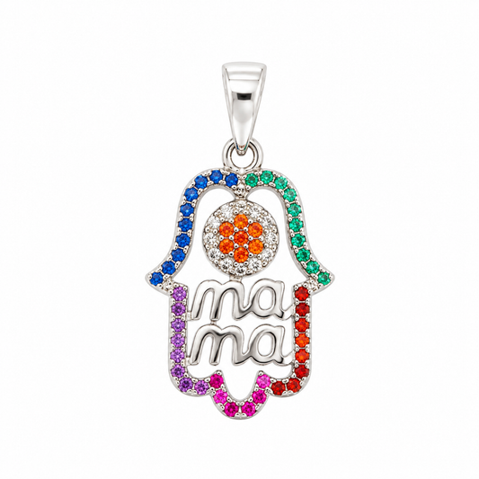 A silver Hamsa hand pendant with the word mama inside, bordered by rainbow stones, on a white background.