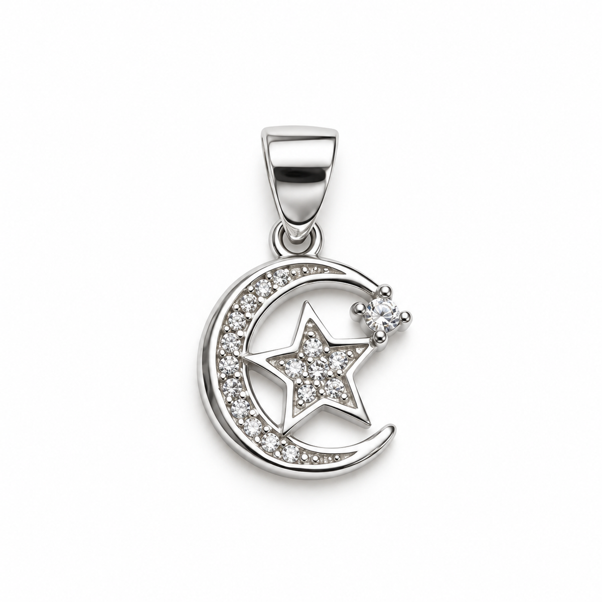 A silver crescent moon and star pendant against a pure white background.