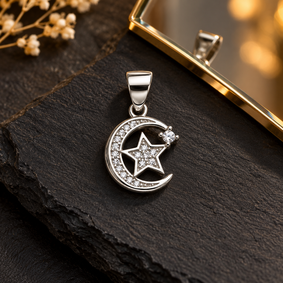 Silver celestial pendant arranged on matte black slate with warm sunlight reflection.
