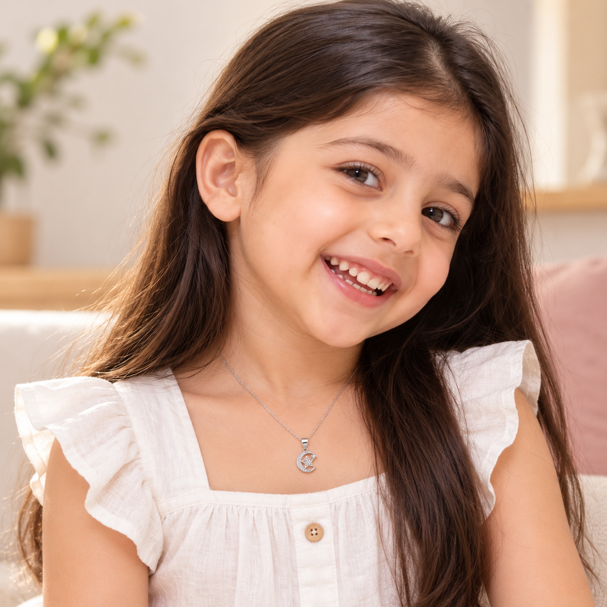 Child sitting in a white top wearing the small silver moon pendant.