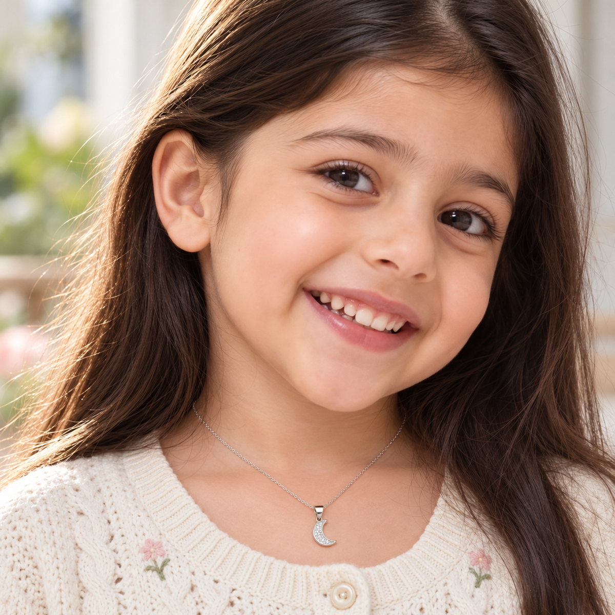 Close-up of a child wearing a silver pave moon pendant over a cream cardigan.