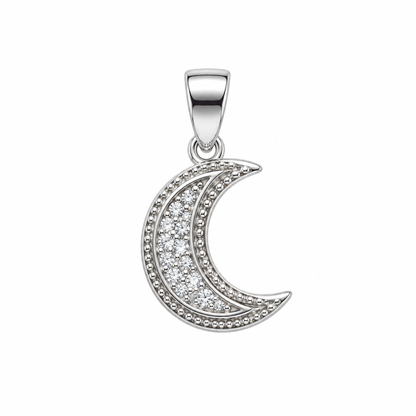 Sterling silver crescent moon pendant with pave stones on a pure white background.