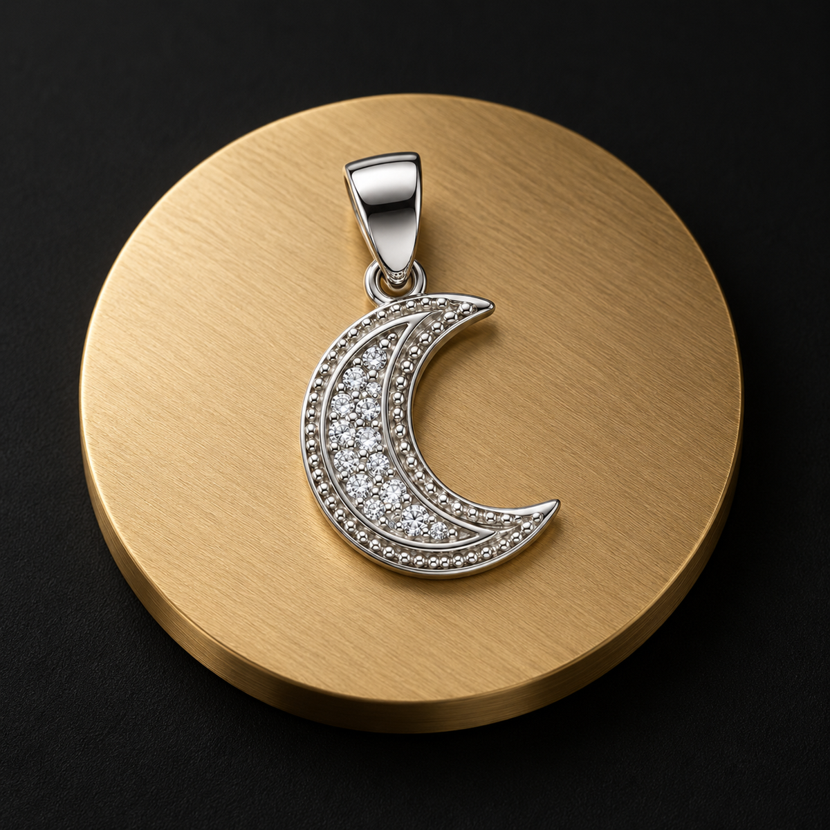 Silver crescent pendant resting on a warm gold disc over a matte black surface.