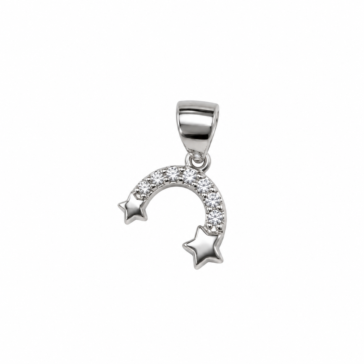 Sterling silver arch pendant with clear pave stones and twin star ends on a seamless white backdrop.