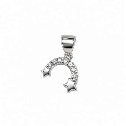 Sterling silver arch pendant with clear pave stones and twin star ends on a seamless white backdrop.