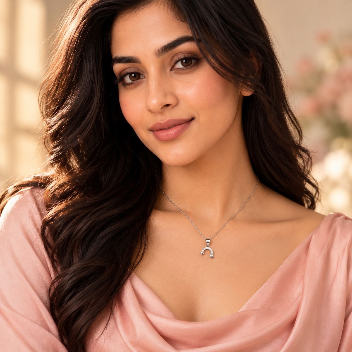 Model wearing the silver twin star pendant against a blush pink silk blouse.