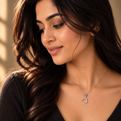 Close-up profile of model wearing a silver arch pendant with a dark charcoal top.