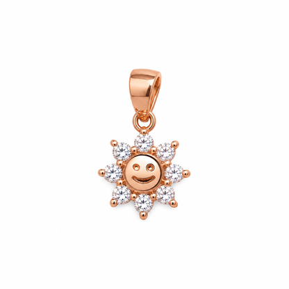 Rose gold smiling sun pendant with cubic zirconia rays on a pure white background.