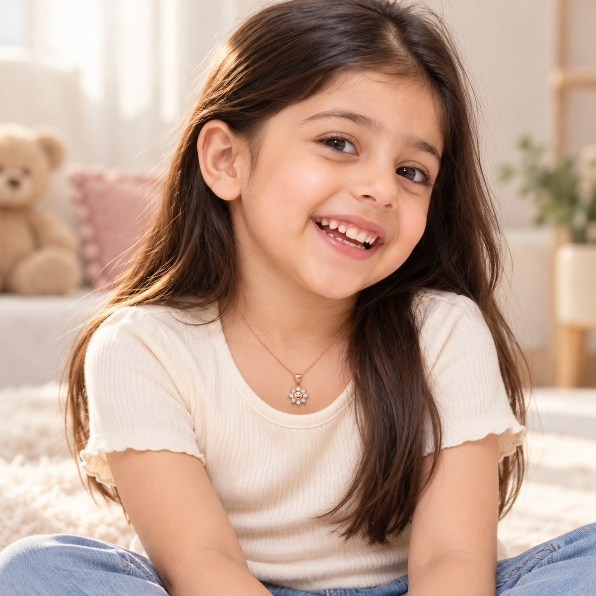 Smiling child looking at the camera wearing a rose gold sun pendant and ivory t-shirt.