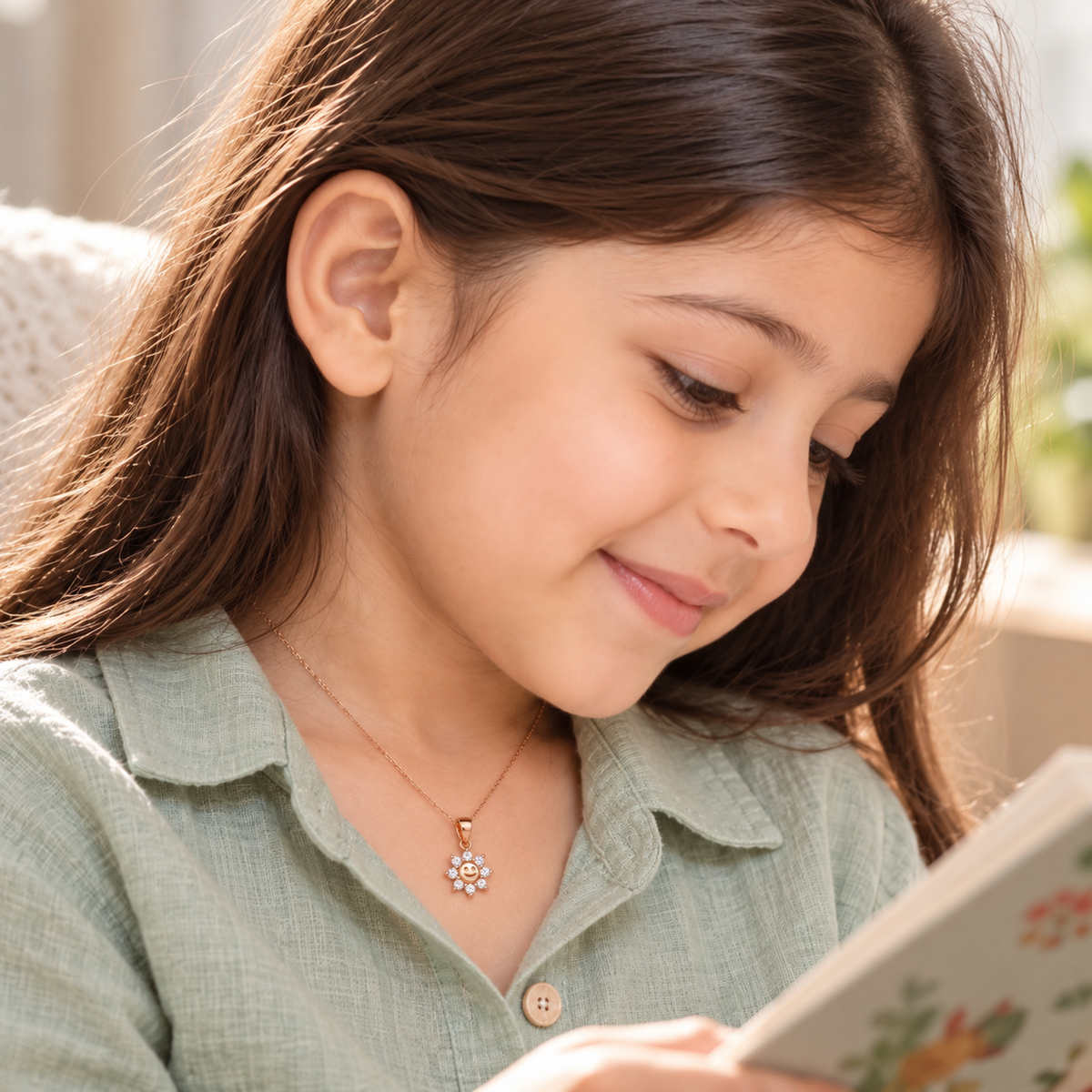 Side view of a child quietly reading while wearing a rose gold sun pendant.