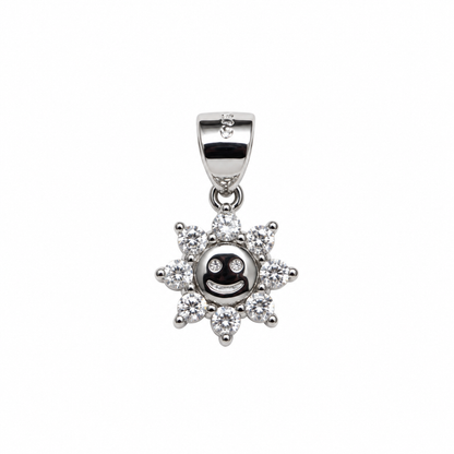Silver smiling sun pendant with clear stones centered on a pure white background.