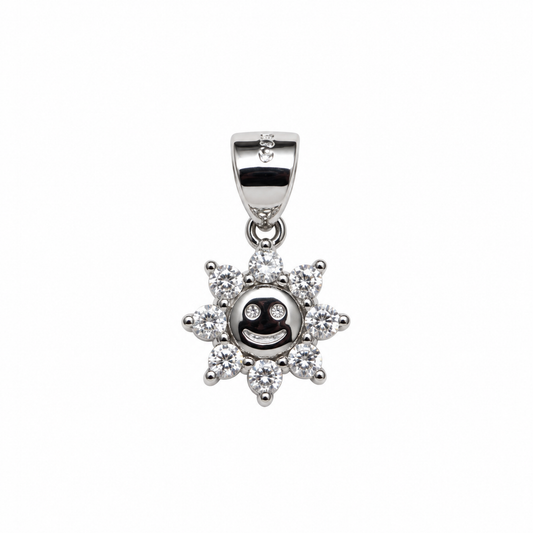 Silver smiling sun pendant with clear stones centered on a pure white background.