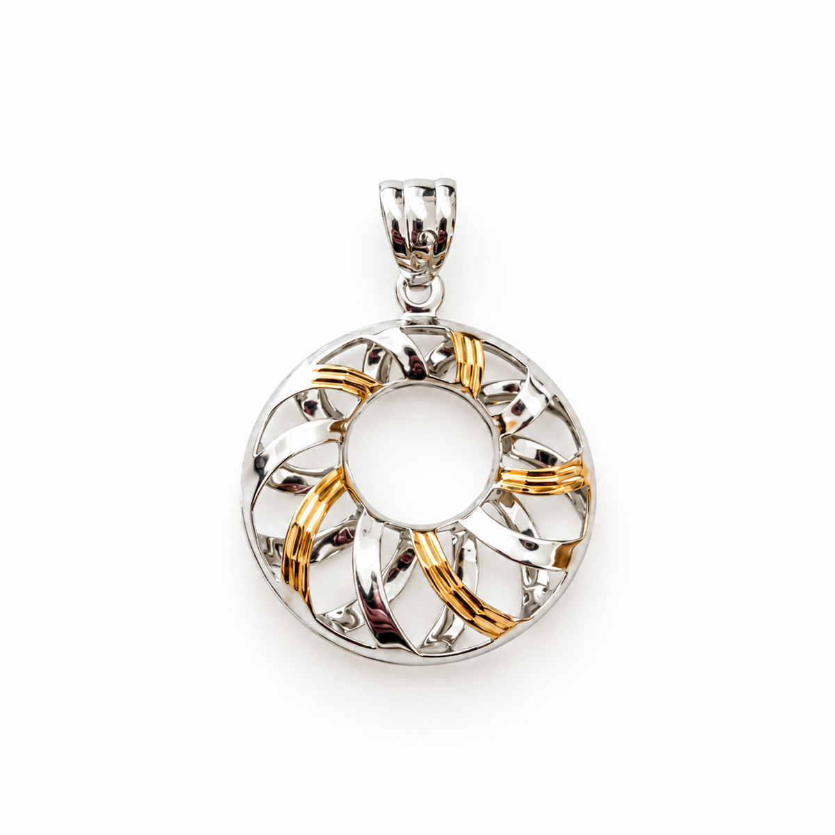 Two-tone silver and gold circular swirl pendant centered on a pure white background.